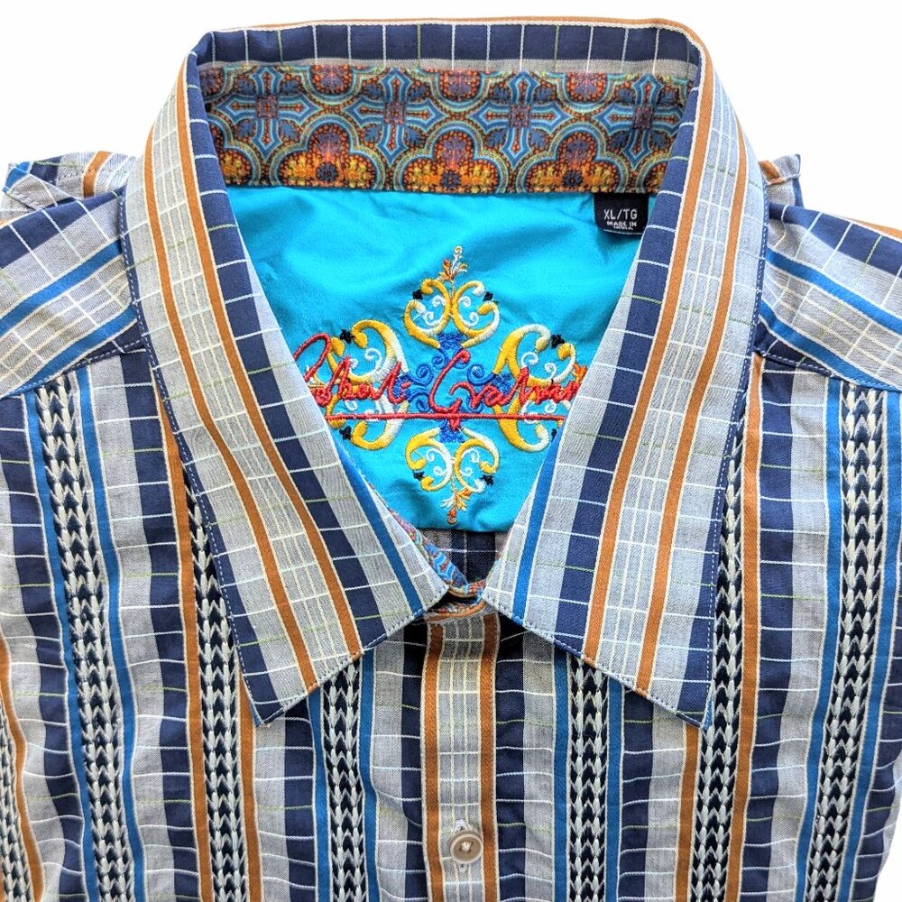 Robert Graham NWOT XL Navy & Burnt Orange Stripe Button Down Shirt Contrast Cuff